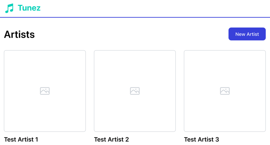 The basic catalog view of the Tunez app, with hardcoded temporary data. Three artists are listed in a grid view, with placeholder album cover images